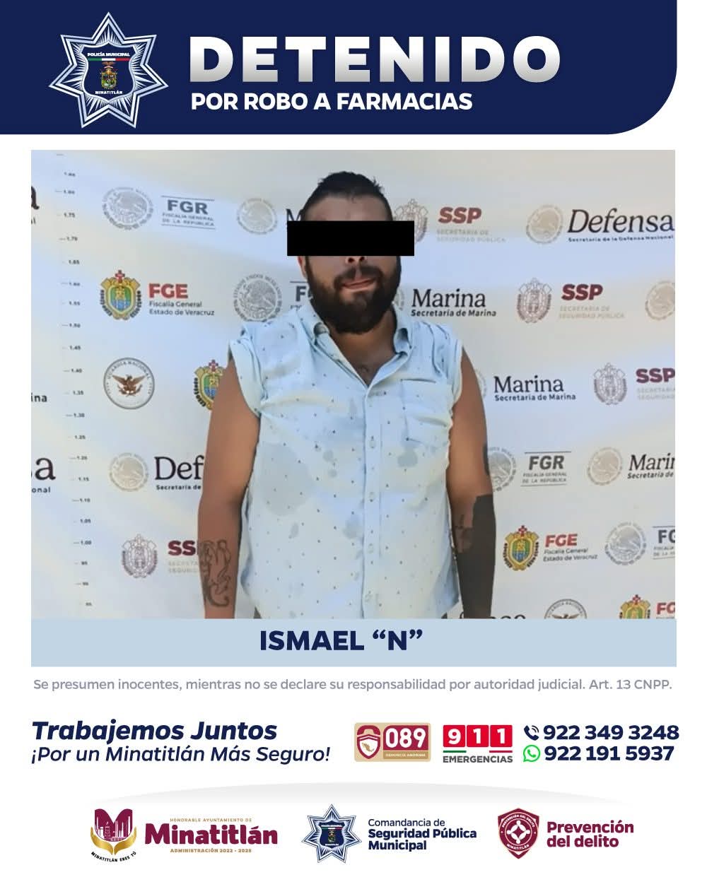 EN MINATITLAN…..Detiene Policía Municipal a presunto responsable de robo a&nbsp;farmacias