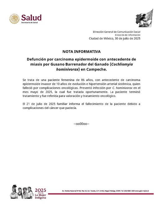 Muere por cáncer mujer con antecedente de miasis por gusano barrenador en&nbsp;Campeche